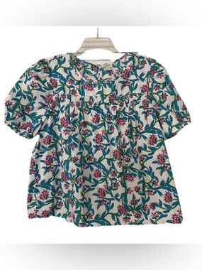 J. Crew Factory Teal and Pink Floral Cotton Blouse with Puffed Sleeves Size LP